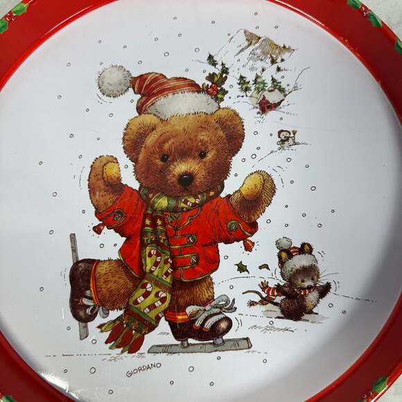 Vintage 1991 Giordano/Giftco Christmas Metal Tray Skating Teddy Bear and Mouse - Picture 2 of 5